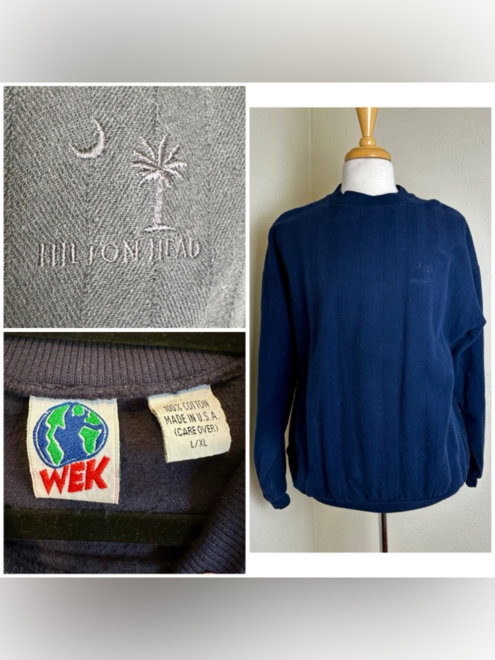 Vintage 80s/90s WEK Hilton Head Navy Striped Sweatshirt M's L/XL Preppy USA Made